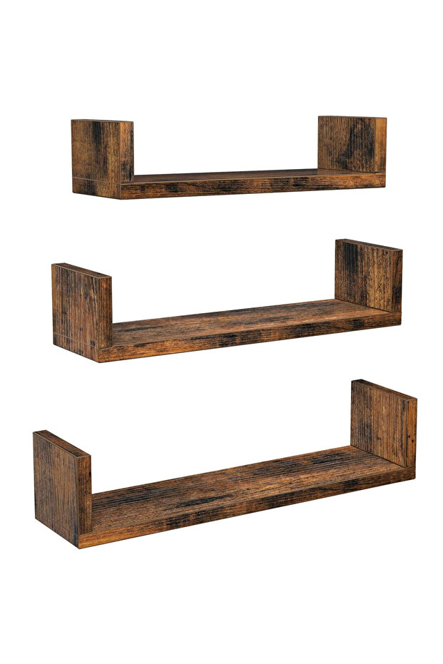 VASAGLE U-Shaped Floating Wall Shelves Set of 3 Wooden Cube Shelves - Dark Hunton Oak