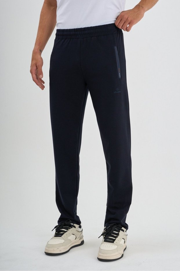 Navy Blue Men's Sweatpants with Zipper, Three Pockets, Comfortable Fit, Classic Leg