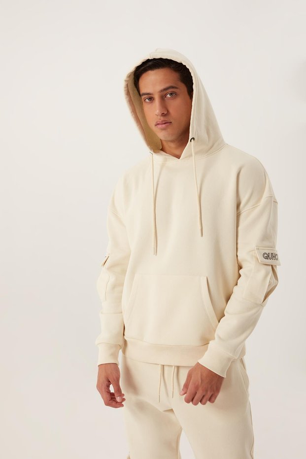 Men's Hooded Sweatshirt with Kangaroo Pocket, Ecru