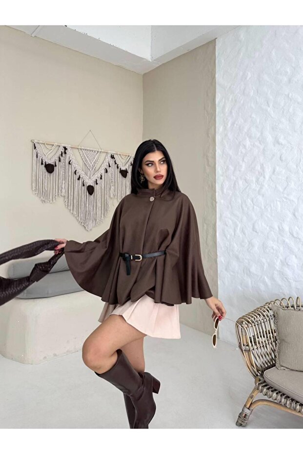 Women's Gold Button Detailed Belted Standard Size Oversize Trend Short Poncho 4837