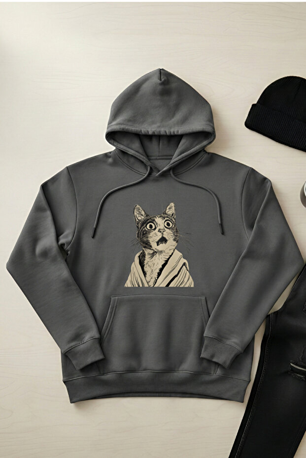 Confused Cat - Unisex Hooded Kangaroo Pocket 3 Thread Puff (with Fleece Inside) Sweatshirt