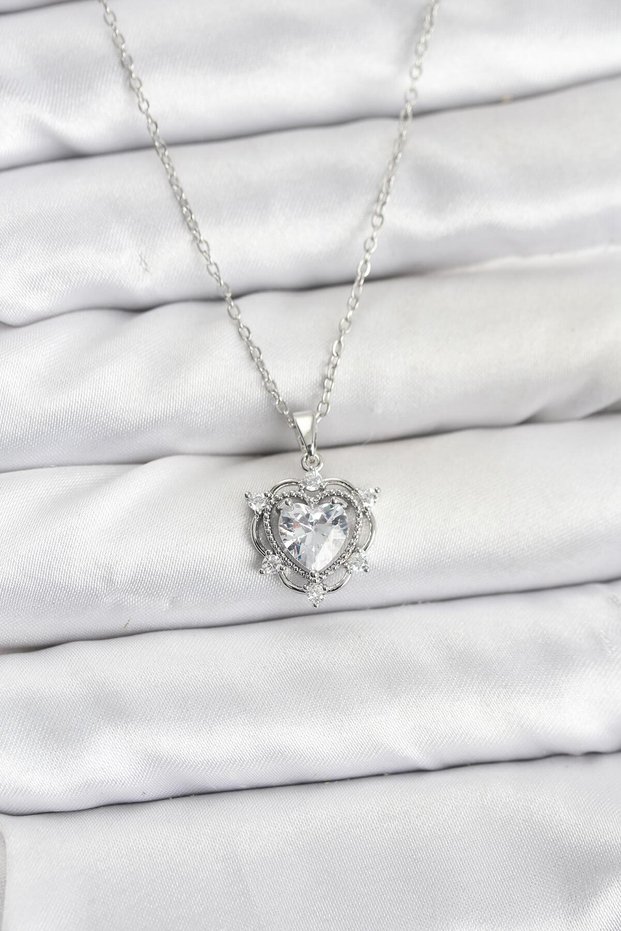 316L Steel Chain Silver Color Heart Model Zircon Stone Women's Necklace