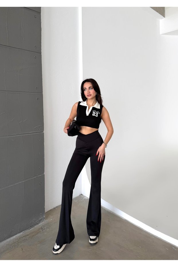 Women's Black Color Cross Waist Detailed (Belt) Spanish Style High Waist Gathering Elastic Straight Leggings
