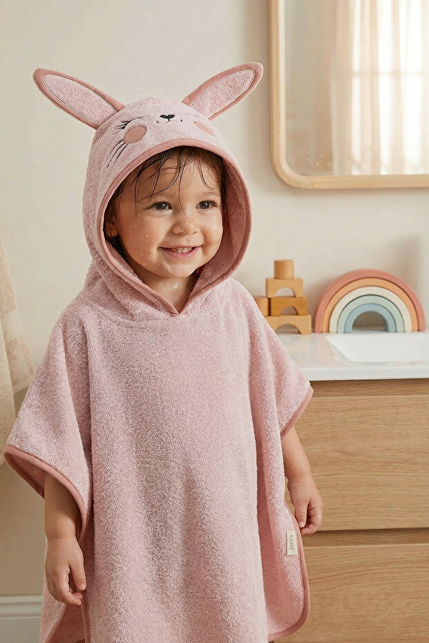 Baby Poncho Bath and Beach Towel 100% Cotton with Hood and Embroidered Figures - Bunny A.Pudra