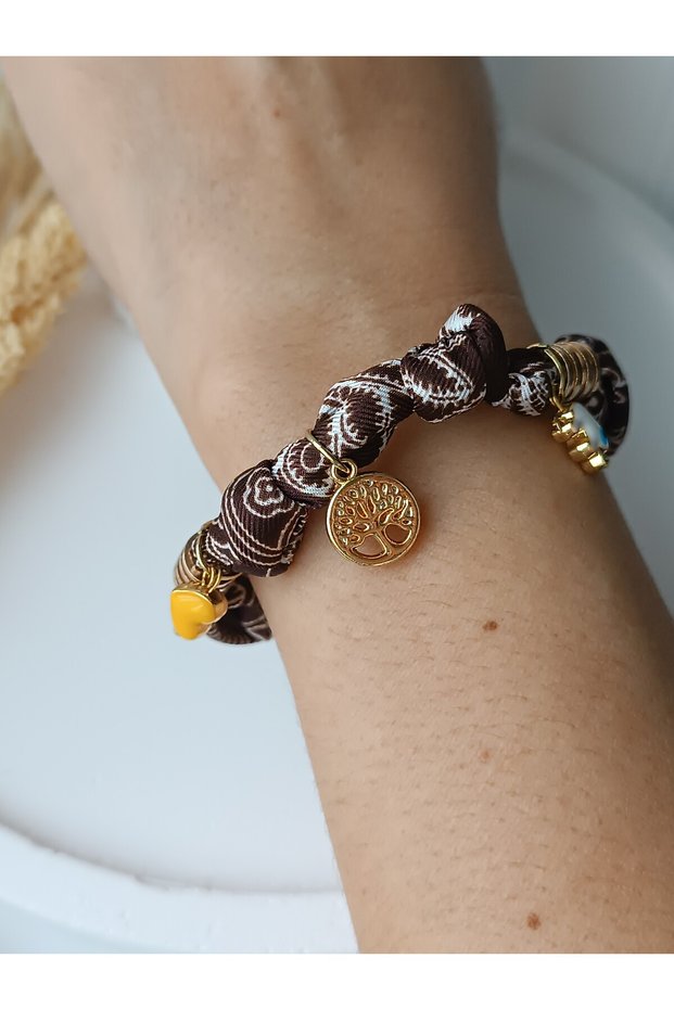 Scarf Bandana Women's Bracelet Elephant Tree of Life Heart Brown Fabric