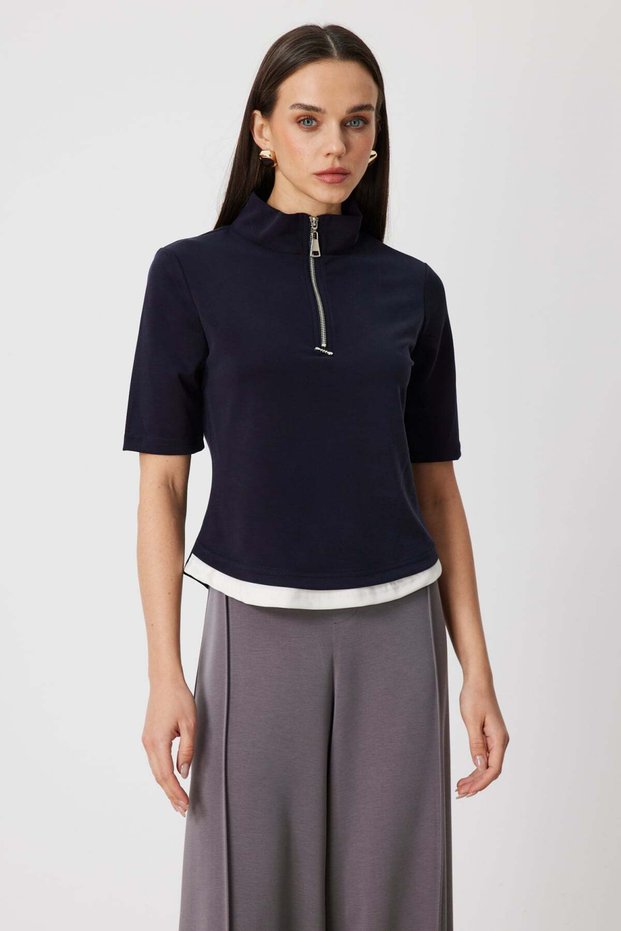 Short Sleeve Blouse with Zipper Collar