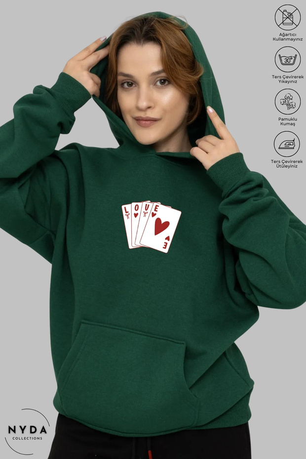 Unisex Hoodie Long Sleeve Playing Card Printed Hooded Oversized 100% Cotton Combed Cotton Sweatshirt