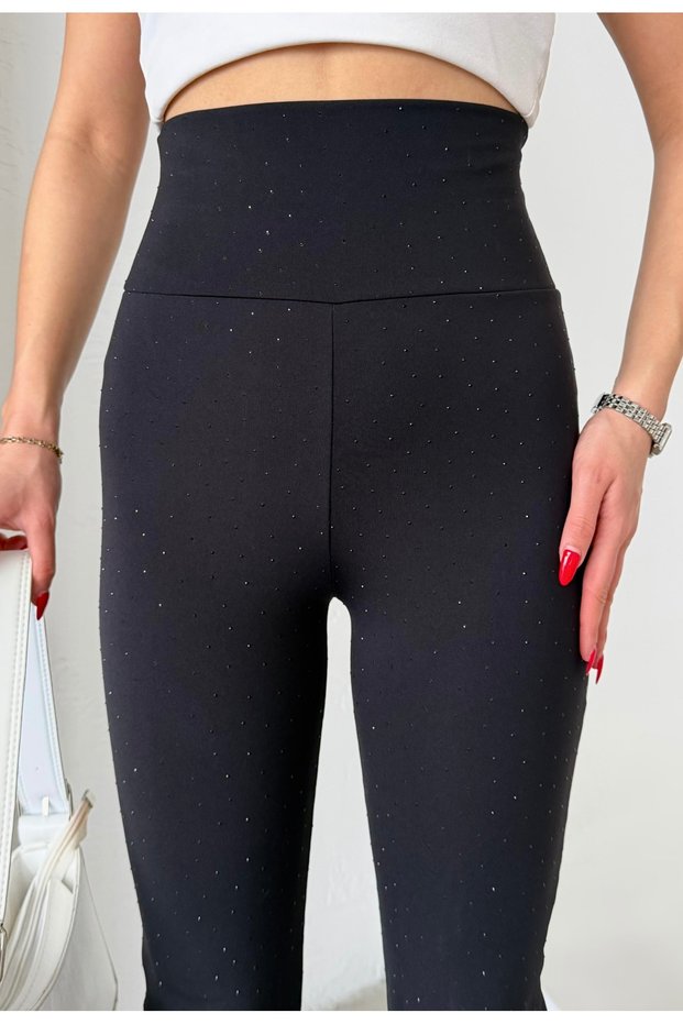 Women's Black Color Spanish Leg High Waist Shaping Stretchy Plain Leggings with Shiny Stone Detail