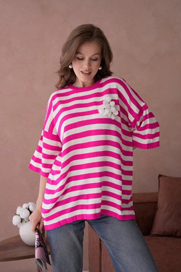 Women's Crew Neck Striped Oversize Long Knit Sweater 10075