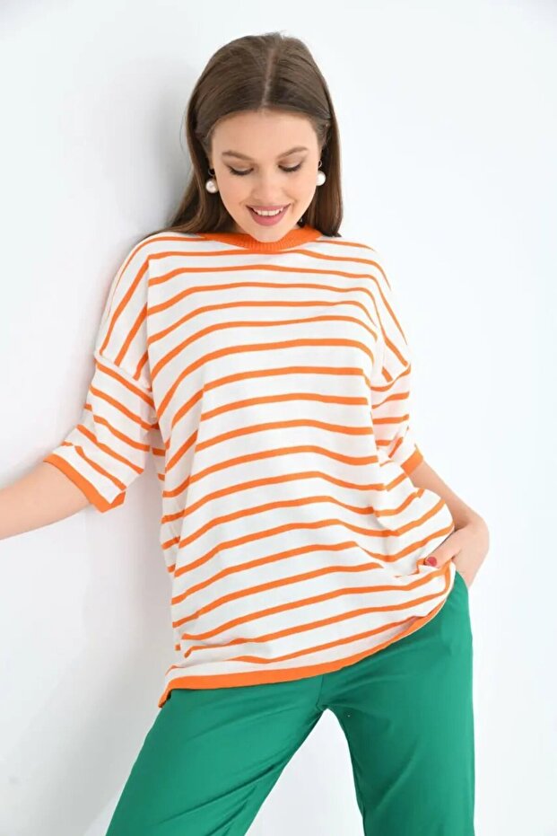 Women's Crew Neck Striped Oversize Knitwear Sweater 10002