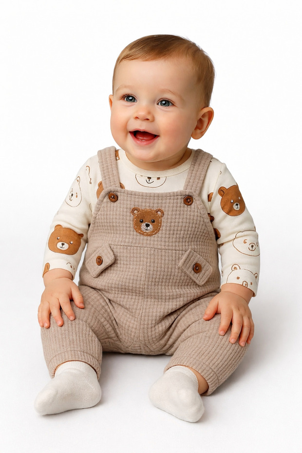 Baby Boy 3-Piece Romper Set With Overalls and Socks, Teddy Bear Patterned Bodysuit, Bear Embroidered, Cotton, Unisex