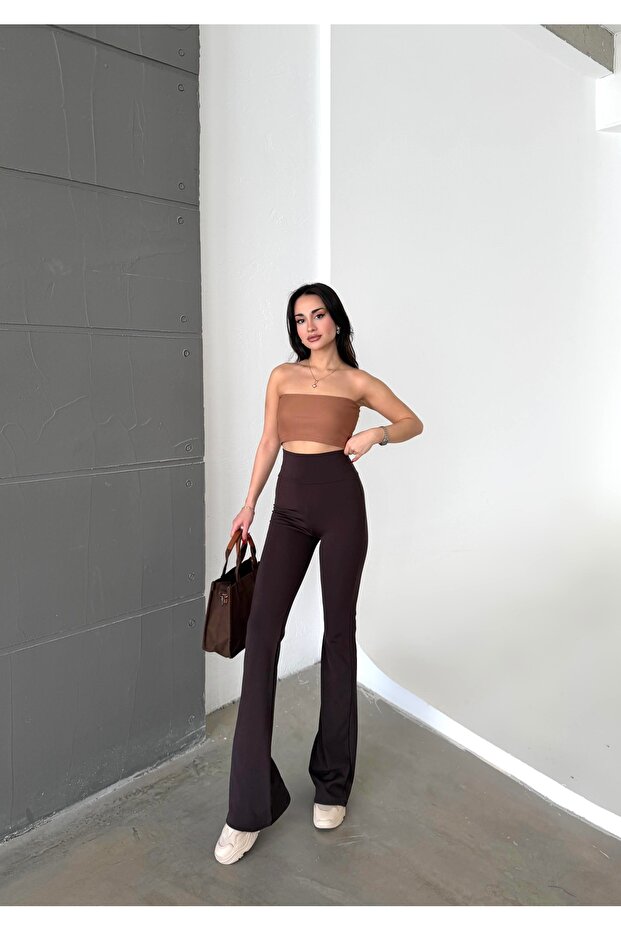 Women's Brown Color Spanish Leg High Waist Gathering Stretchy Plain Leggings
