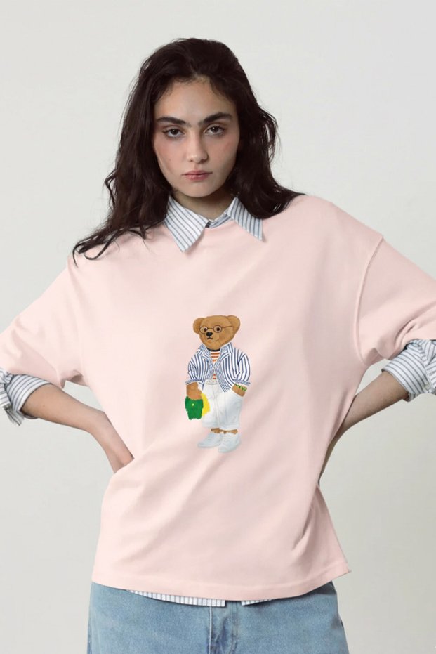 Women's Oversize T-Shirt Bambino Bear Printed Pink – Crew Neck, Comfortable Fit, 100% Cotton