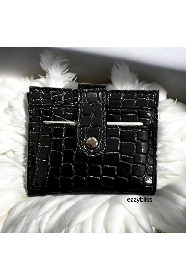 Ezzybliss Women's Black Shiny Faux Leather Crocodile Pattern Snap Fastener Card Holder-Wallet