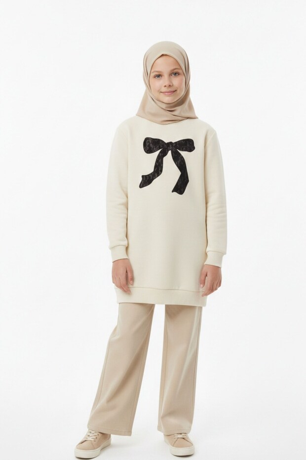 Girl's Tunic 10-15 Years Old Bow Printed Cream Sweatshirt Tunic Long Sleeve Casual and Special Occasion
