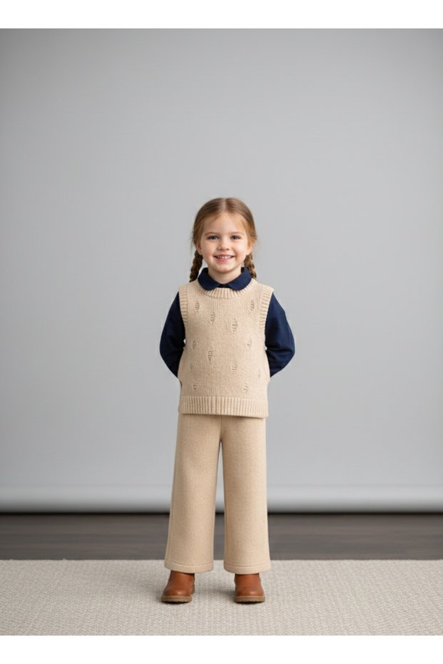 Cotton Hole Detailed Crew Neck Sweater and Knitwear Pants Top and Bottom Set