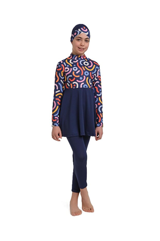 Girl's Pleated Long Sleeve Full Covered Hijab Swimsuit