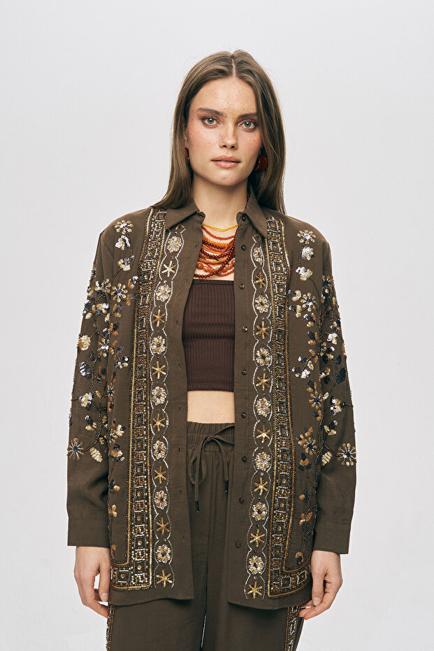 Women's Elegant Sparkling Sequin and Bead Embroidered Oversize Shirt
