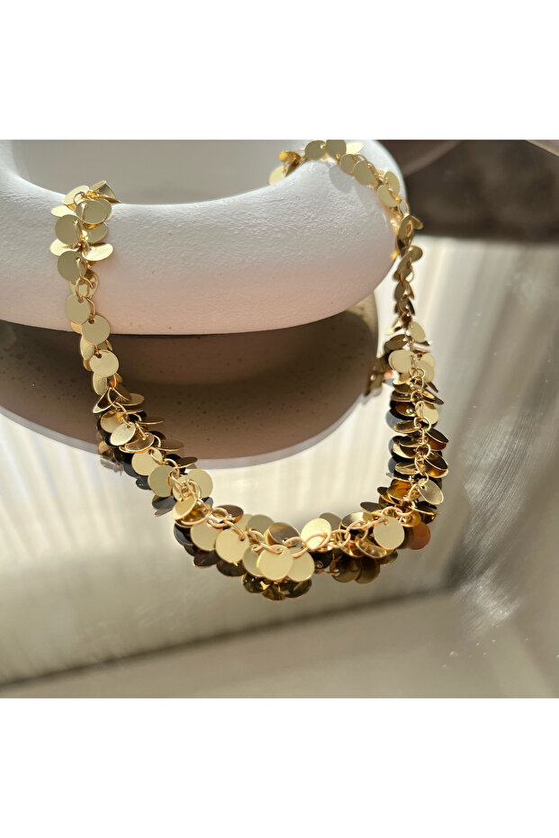 Çoklu Pullu Sallantılı Gold Kolye - 6