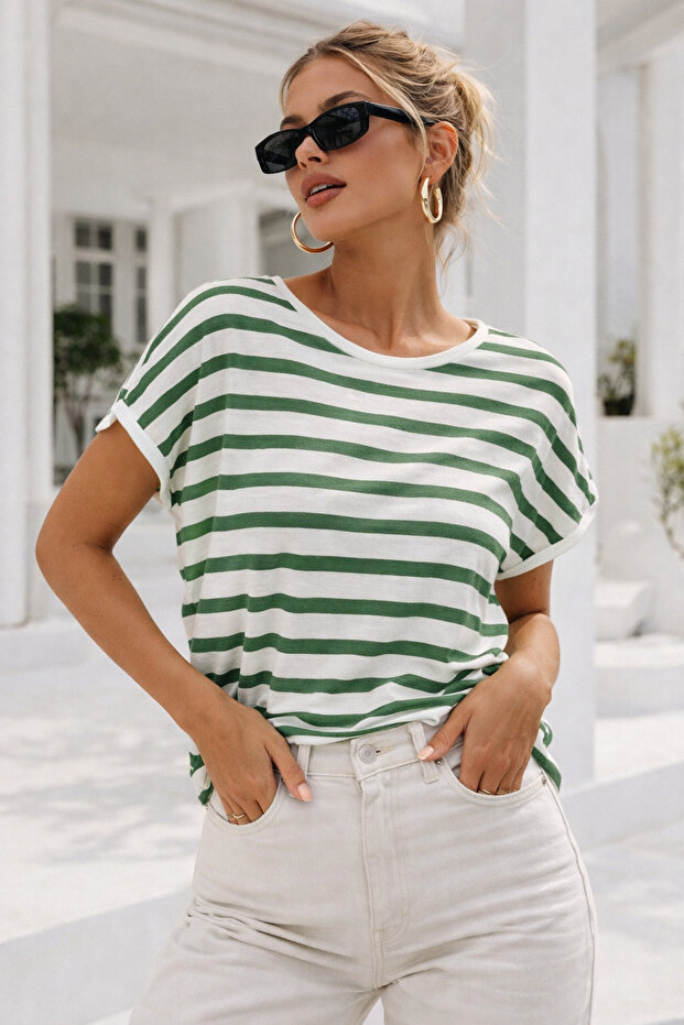 Women's Green and White Striped Bat Sleeve T-Shirt | Stylish Basic T-Shirt
