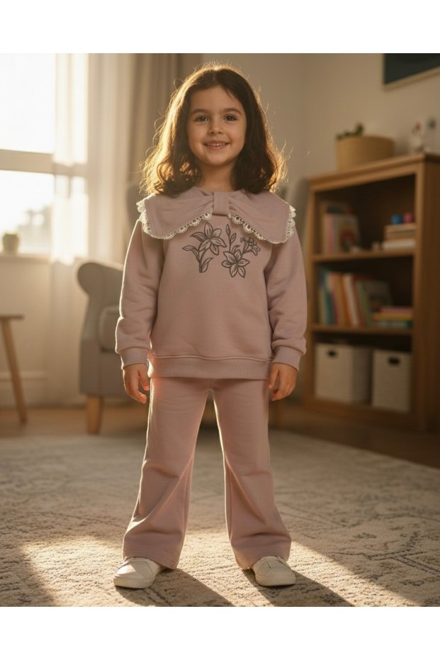 Girl's Floral Embroidery Detailed Bow Collar Top and Bottom Set