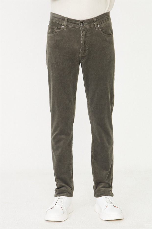 Khaki Straight Cut Corduroy Casual Trousers