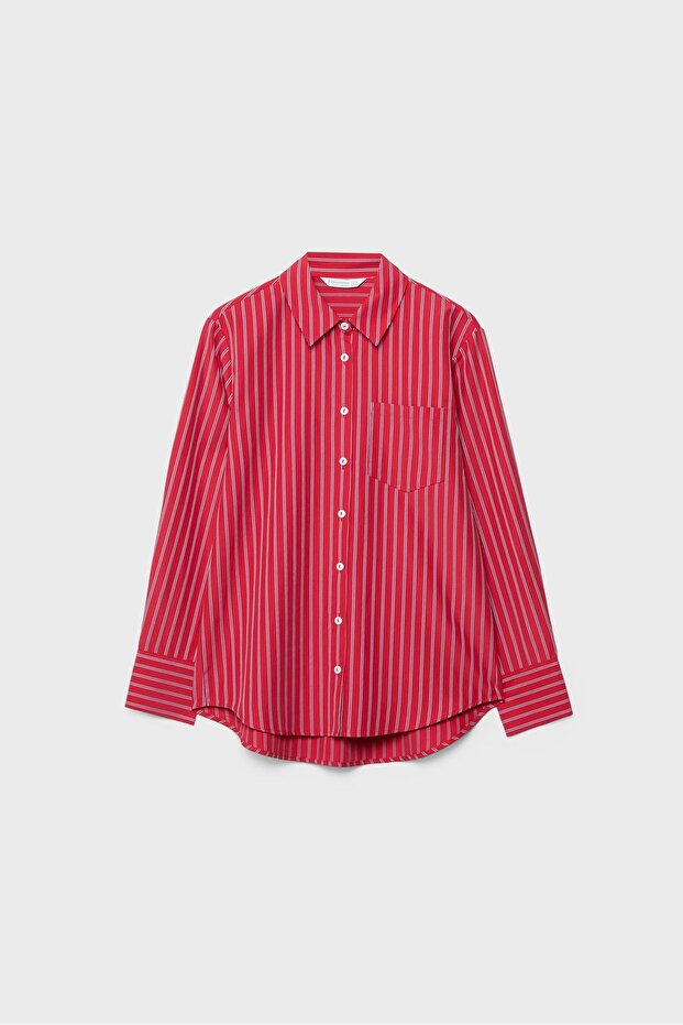 Basic çizgili poplin cepli gömlek - 6