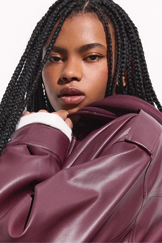 Oversize suni deri biker ceket - 4