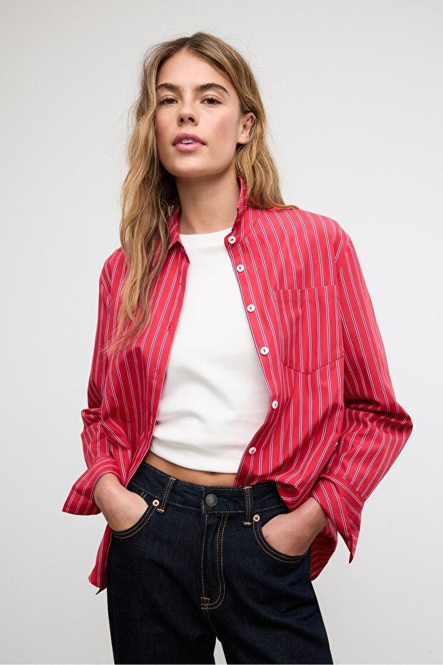 Basic çizgili poplin cepli gömlek - 3