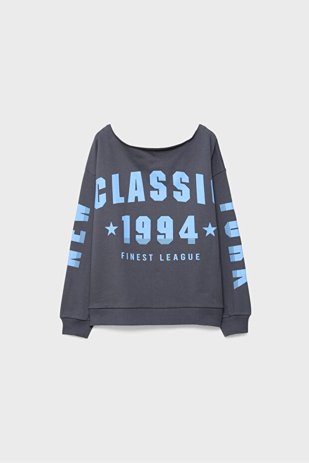 Kayık yaka baskılı sweatshirt - 2