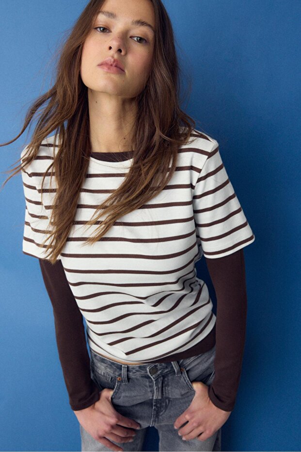 Çizgili, heavy weight, regular fit basic tişört - 1