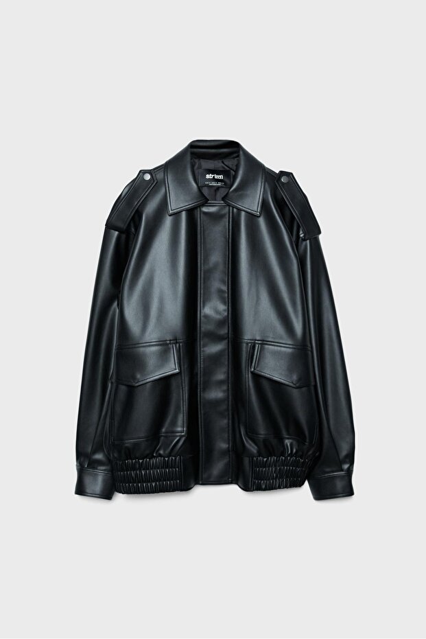 Oversize suni deri biker ceket - 6