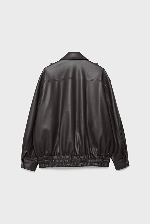 Oversize suni deri biker ceket - 2