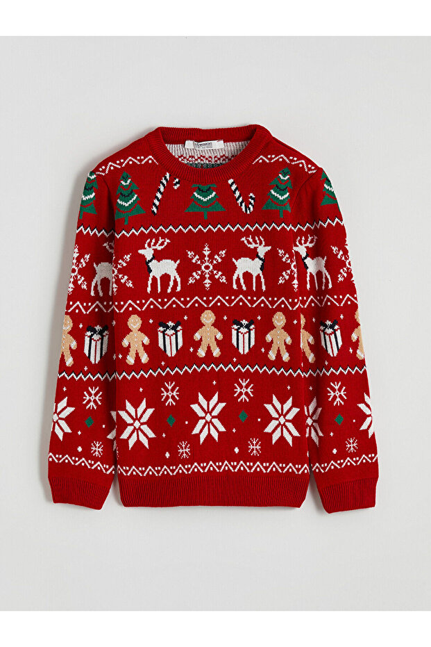 Two Mt Shop Quality Xside Red Knitwear Printed Oval Collar Boys' Sweater