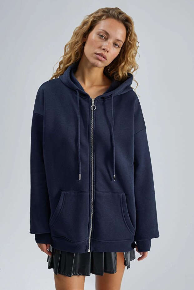 BUSEM Kapüşonlu Oversize Fermuarlı Ceket - 6