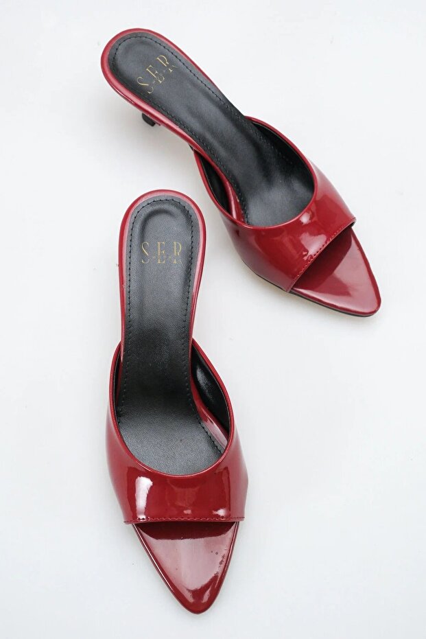 Heeled Women's Slippers - 5 cm Thin Heel Pointed Toe Women's Slippers Burgundy Patent Leather