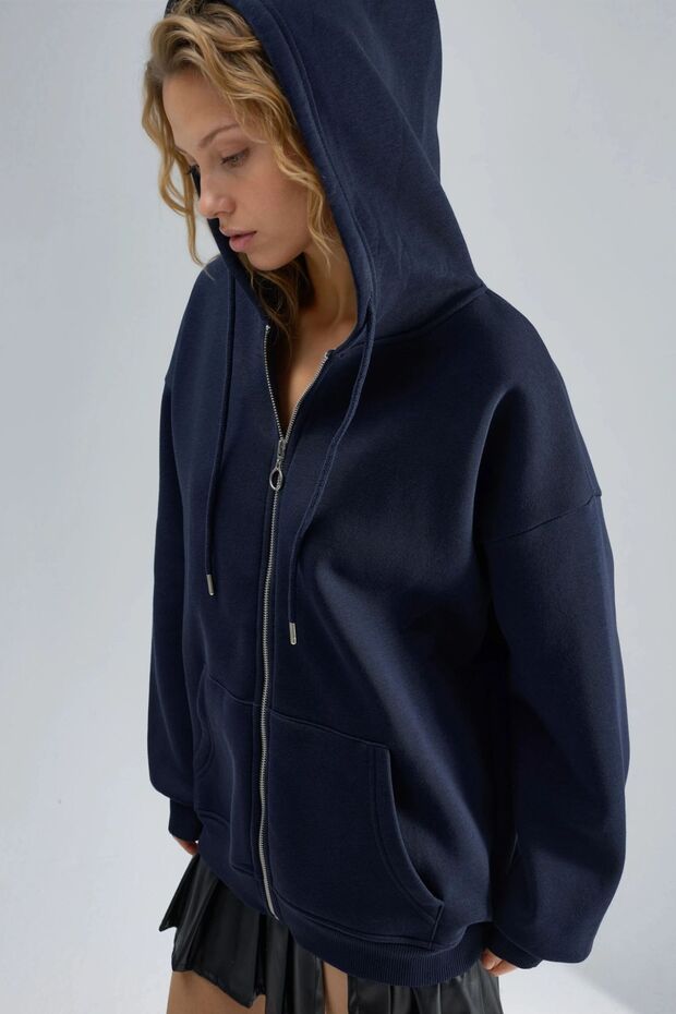 BUSEM Kapüşonlu Oversize Fermuarlı Ceket - 2