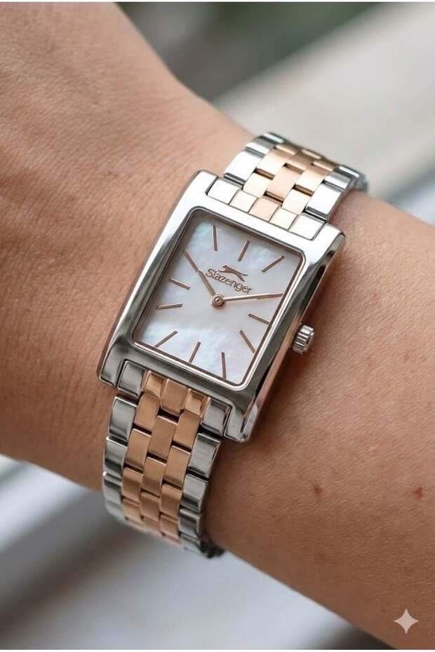 23mm Rectangular Case Women's Wristwatch | Silver & Rose Gold Color Steel Band, Dial