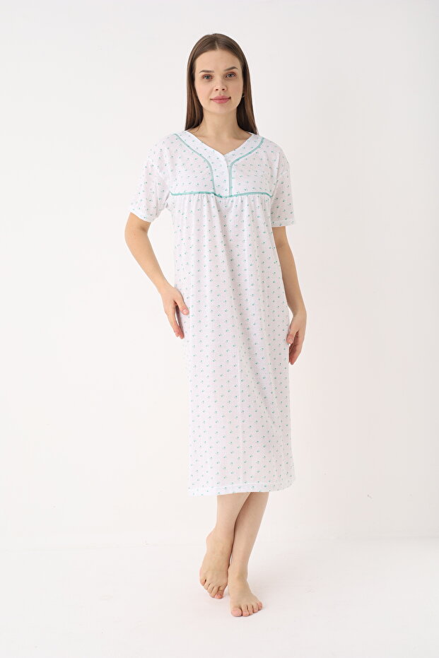Women's Cotton Short Sleeve Patterned Long Nightdress