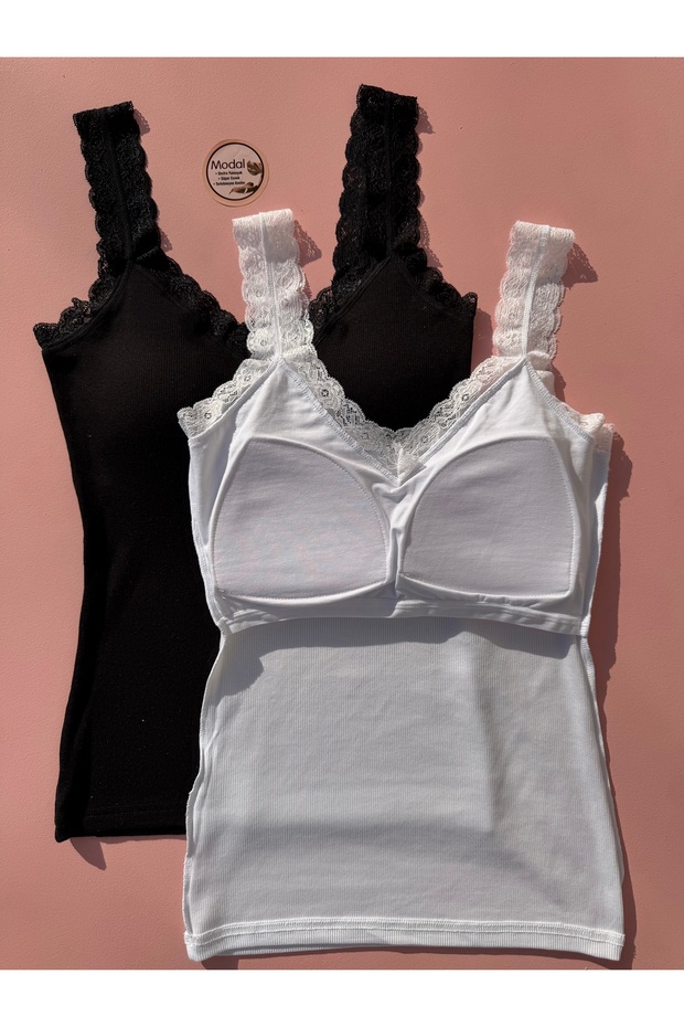 Women's Modal Camisole V-Neck Bra Lace Undershirt Blouse Set of 2 – Black, White