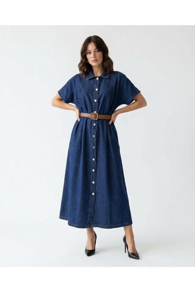 Fame Women's Belted Short Sleeve Front Buttoned Long Denim Dress