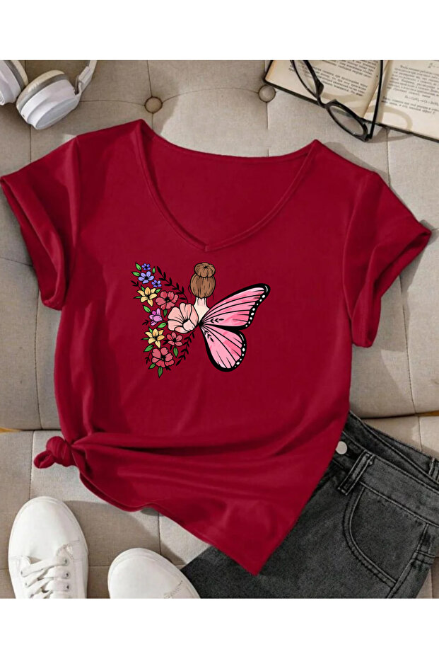 Butterfly Printed V-Neck Short Sleeves Cotton Combed Women's Tshirt
