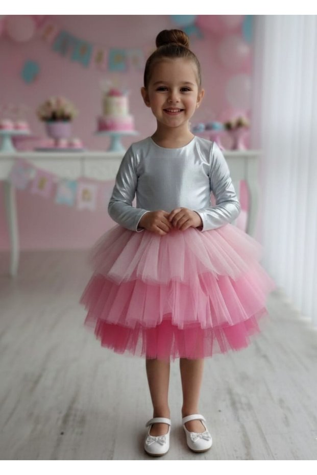 Ecru Top Skirt with Colorful Shiny Jersey Layered Skirt Long Sleeve Girls' Baby Girl Dress