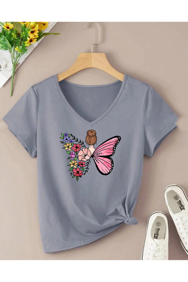 Butterfly Printed V-Neck Short Sleeves Cotton Combed Women's Tshirt