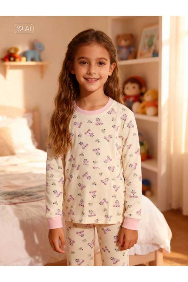 Cotton Long Sleeve Light Yellow Color Cute Patterned Girl's Pajama Set