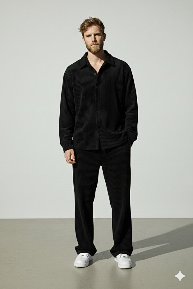 Men's Black Ottoman Corduroy Shirt and Trousers Set, Casual Style, Pipe Leg