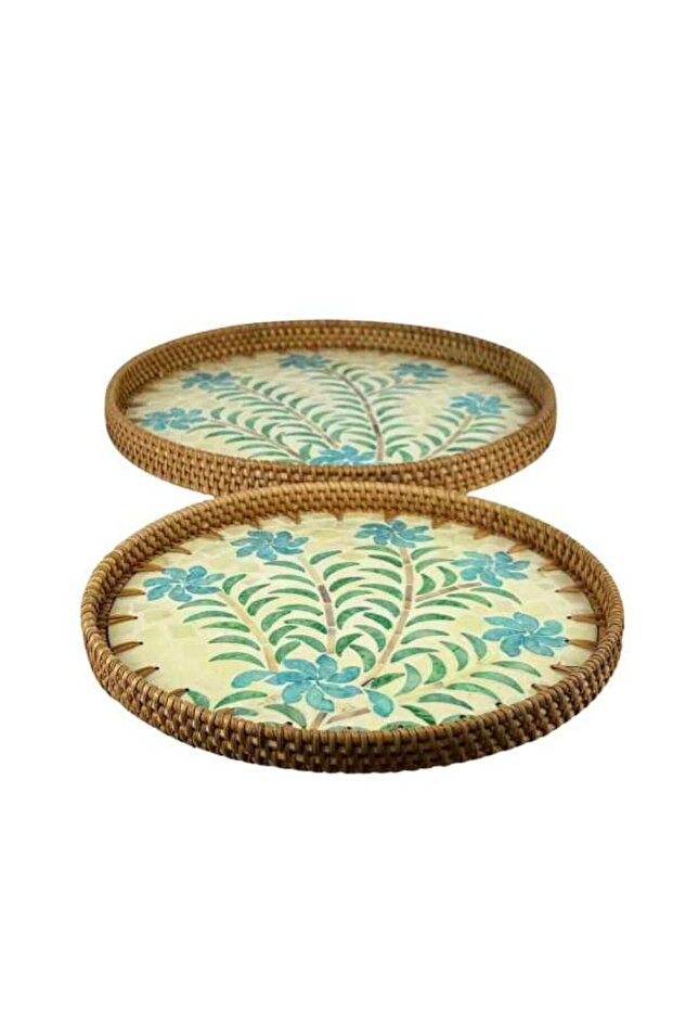 Round Serving Tray Set with Blue Flower Pattern - 2