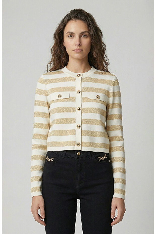 Kırıkbeyaz Simli Triko Ceket - 1