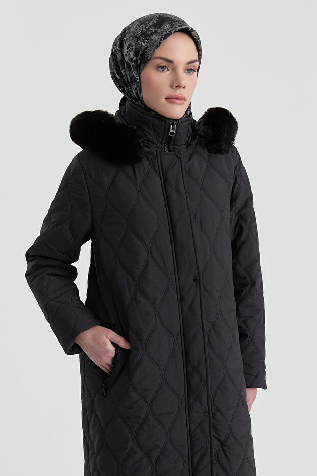 Kapüşonlu Manto - Siyah - 4