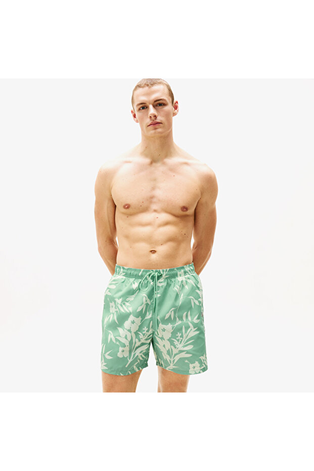 Medium Drawstring Print Erkek Yeşil Mayo Şort - 1